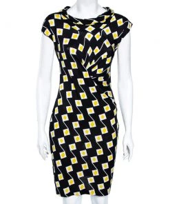 Diane Von Furstenberg Black Geometric Printed Silk Gathered Detail Dress S For Women