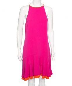 Diane Von Furstenberg Pink & Orange Crepe Kera Combo Halter Neck Dress L For Women