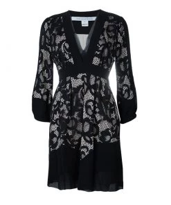 Diane Von Furstenberg Black Lace Detail Long Sleeve Dress S For Women