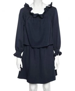 Diane Von Furstenberg Navy Blue Crepe Off-Shoulder Mini Dress M For Women