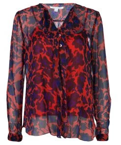 Diane Von Furstenberg Red Silk Floral Print Ruffle Detail Reese Blouse M For Women