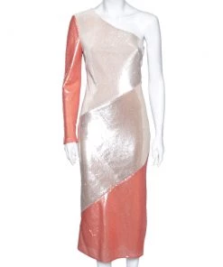 Diane Von Furstenberg Colorblock Sequin Embellished Silk One-Shoulder Dress S For Women