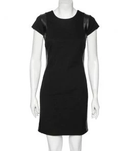 Diane Von Furstenberg Black Knit Pele Leather Short Sleeve Dress M For Women