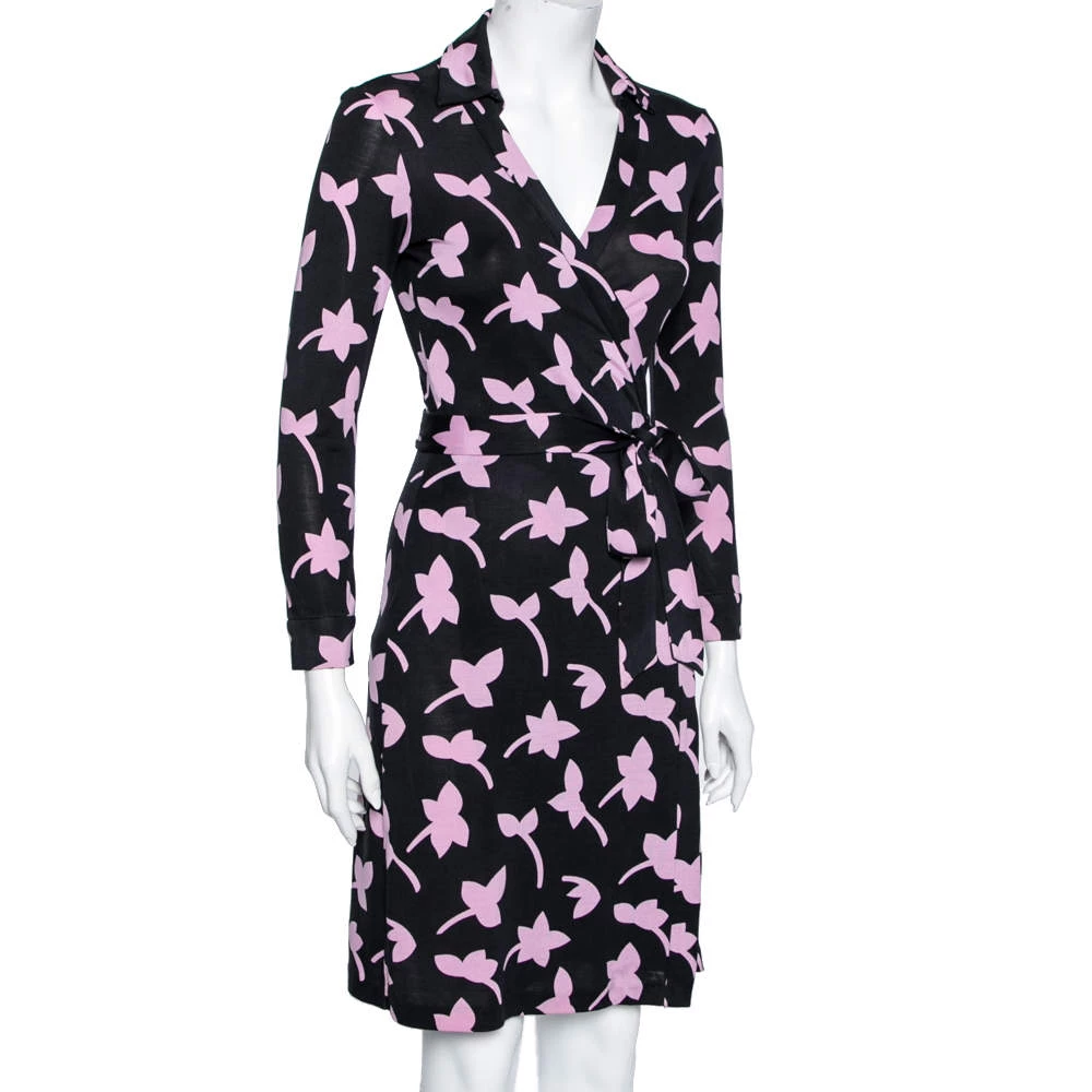 Diane Von Furstenberg Black & Purple Printed Silk Jersey New Jeanne Wrap Dress S For Women 2 Diane Von Furstenberg Black & Purple Printed Silk Jersey New Jeanne Wrap Dress S For Women - Image 2