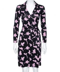 Diane Von Furstenberg Black & Purple Printed Silk Jersey New Jeanne Wrap Dress S For Women