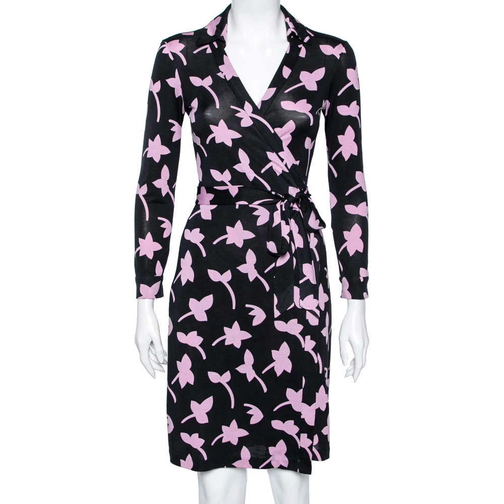 Diane Von Furstenberg Black & Purple Printed Silk Jersey New Jeanne Wrap Dress S For Women 1 Diane Von Furstenberg Black & Purple Printed Silk Jersey New Jeanne Wrap Dress S For Women