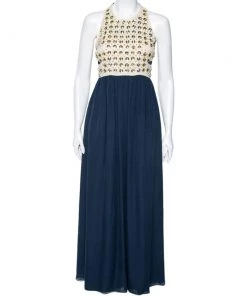 Diane Von Furstenberg Navy Blue & Cream Crystal Embellished Silk Gidget Dress S For Women