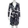 Diane Von Furstenberg Navy Blue Floral Printed Silk Knit T72 Mini Wrap Dress M For Women