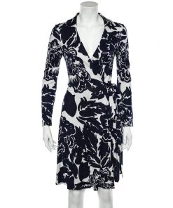 Diane Von Furstenberg Navy Blue Floral Printed Silk Knit T72 Mini Wrap Dress M For Women