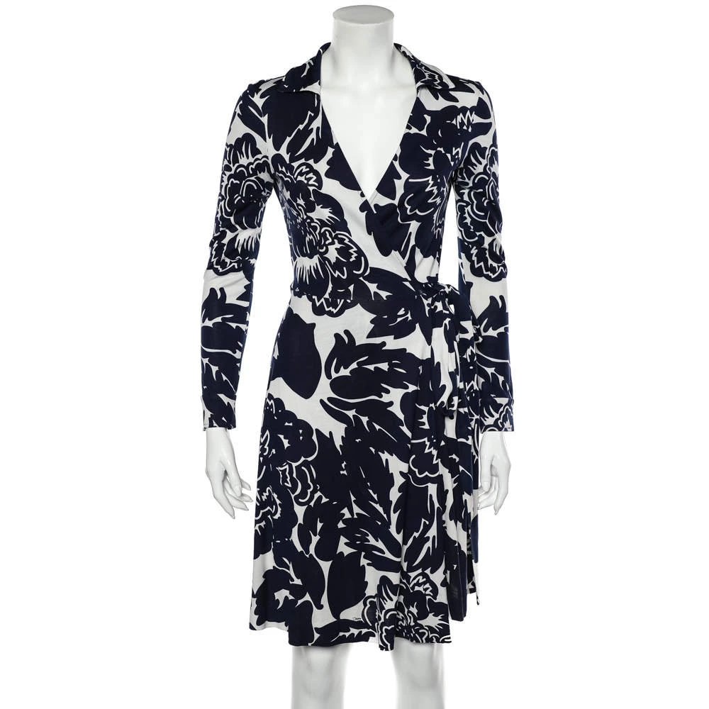Diane Von Furstenberg Navy Blue Floral Printed Silk Knit T72 Mini Wrap Dress M For Women 1 Diane Von Furstenberg Navy Blue Floral Printed Silk Knit T72 Mini Wrap Dress M For Women
