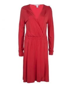 Diane Von Furstenberg Red Faux Wrap Jersey Long Sleeve Deianira Tassel Dress L For Women