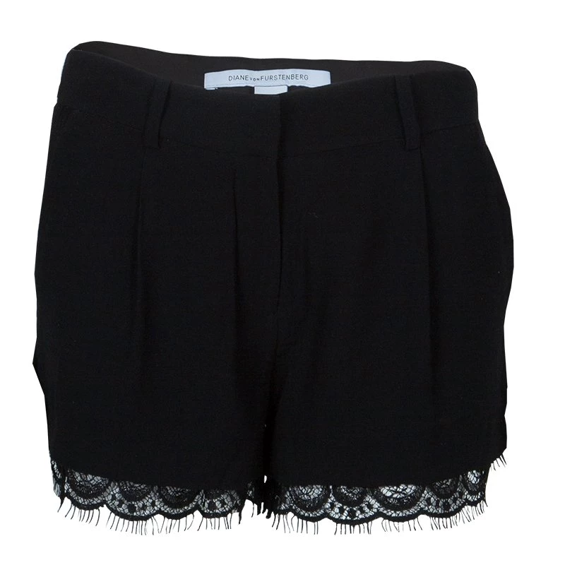 Diane Von Furstenberg Black Scalloped Lace Trim Yara Shorts S For Women 1 Diane Von Furstenberg Black Scalloped Lace Trim Yara Shorts S For Women