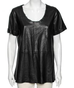 Diane Von Furstenberg Black Leather Jenning Short Sleeve Top M For Women