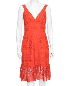 Diane Von Furstenberg Orange Guipure Lace Sleeveless Tiana Flounce Dress M For Women