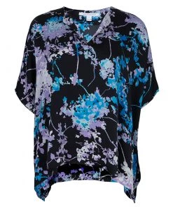Diane Von Furstenberg Black Floral Print Oversized Kora Silk Blouse XS For Women