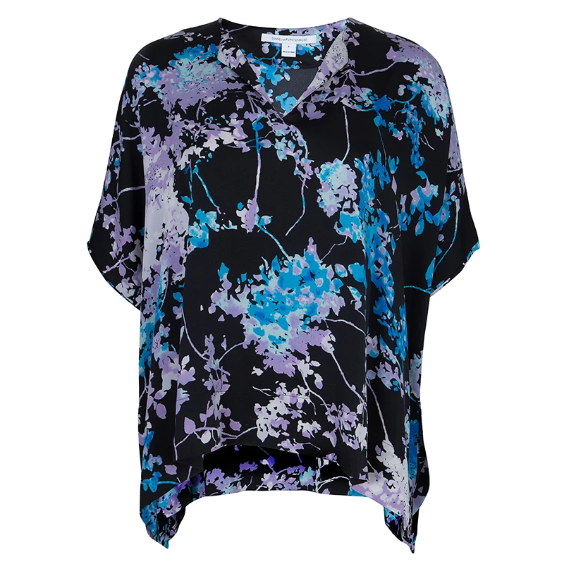 Diane Von Furstenberg Black Floral Print Oversized Kora Silk Blouse XS For Women 1 Diane Von Furstenberg Black Floral Print Oversized Kora Silk Blouse XS For Women