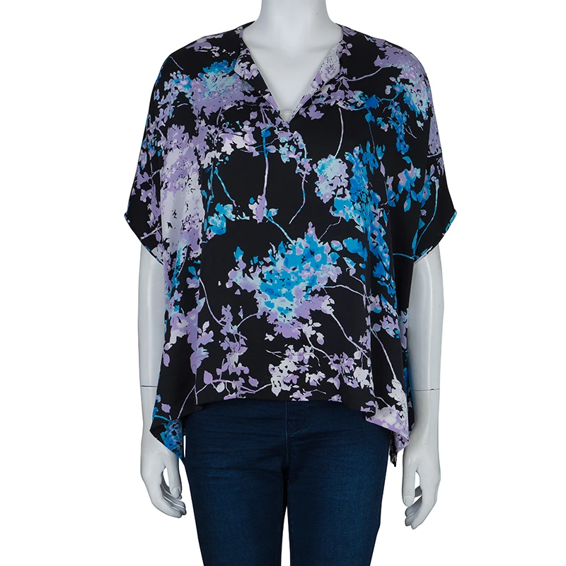 Diane Von Furstenberg Black Floral Print Oversized Kora Silk Blouse XS For Women 2 Diane Von Furstenberg Black Floral Print Oversized Kora Silk Blouse XS For Women - Image 2