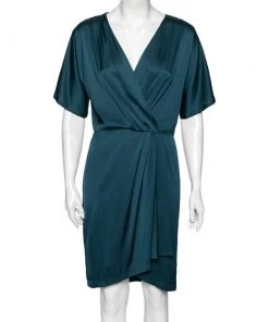 Diane Von Furstenberg Teal Blue Silk Pleated Front Midi Dress M For Women
