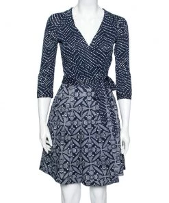 Diane Von Furstenberg shop 14 Diane Von Furstenberg Blue & White Printed Cotton Jewel Wrap Dress S For Women