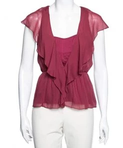 Diane Von Furstenberg Raspberry Red Silk Ruffle Front Flared Hem Top S For Women