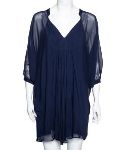 Diane Von Furstenberg Navy Blue Front Pleated Dolman Sleeves Mini Dress S For Women