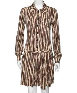 Diane Von Furstenberg Vintage Beige Printed Silk Knit Belted Dress M For Women