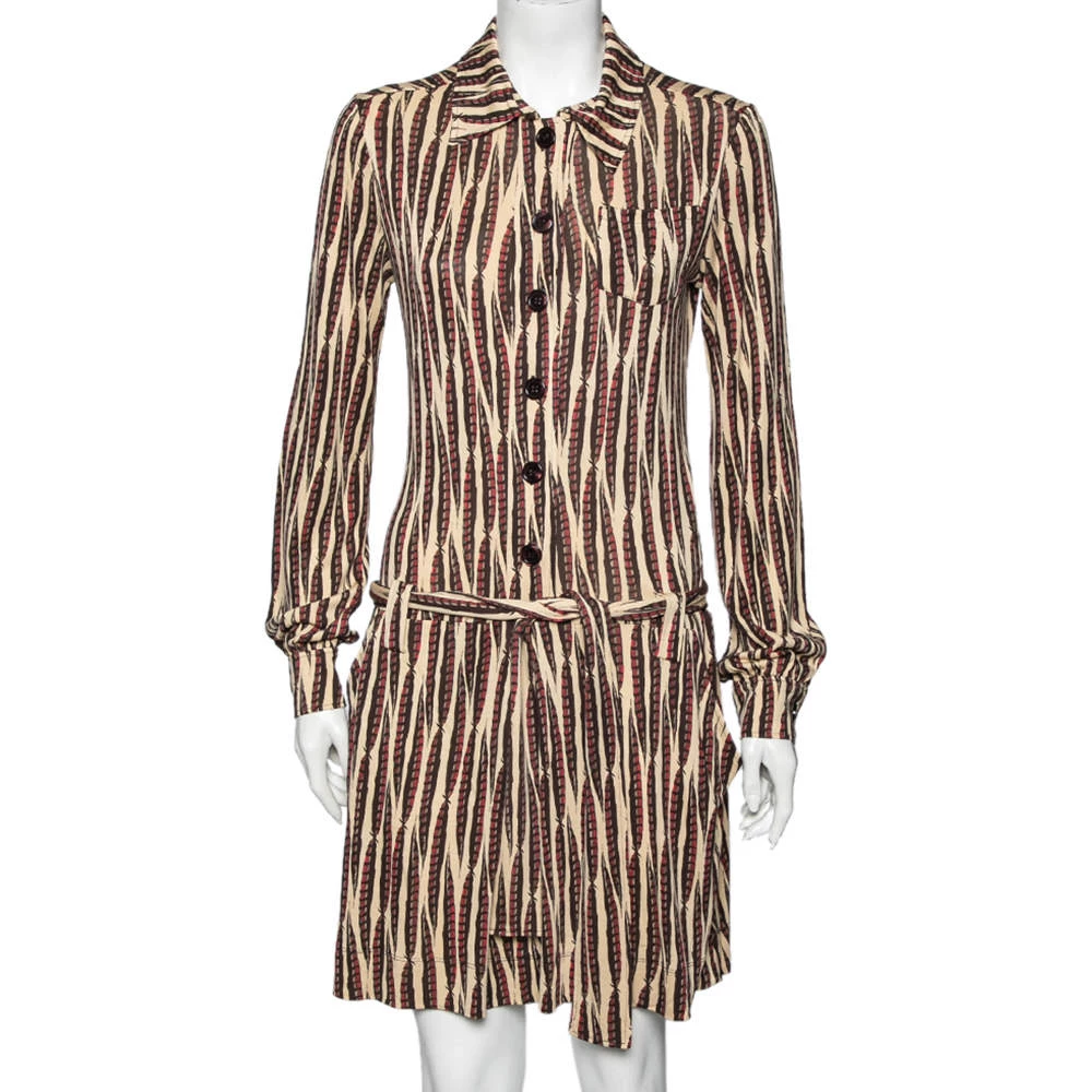 Diane Von Furstenberg Vintage Beige Printed Silk Knit Belted Dress M For Women 1 Diane Von Furstenberg Vintage Beige Printed Silk Knit Belted Dress M For Women