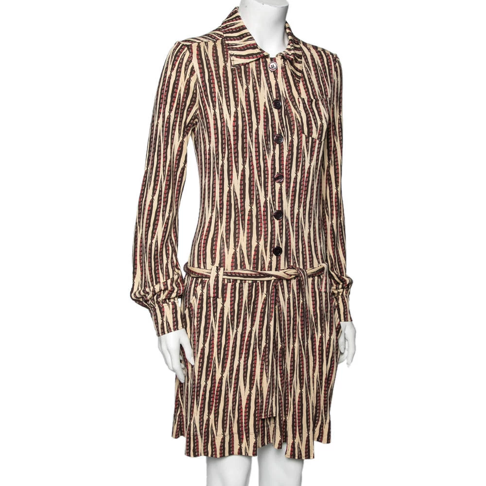 Diane Von Furstenberg Vintage Beige Printed Silk Knit Belted Dress M For Women 2 Diane Von Furstenberg Vintage Beige Printed Silk Knit Belted Dress M For Women - Image 2