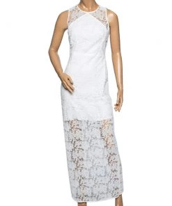 Diane Von Furstenberg White Mesh Paneled Overlay Gown Back Slit Dress S For Women