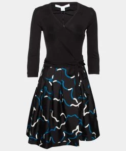 Diane Von Furstenberg Black And Blue Printed Wool And Silk Jewel Wrap Dress S For Women