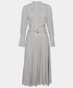 Diane Von Furstenberg White Polka Dotted Silk Pleated Belted Dress M For Women