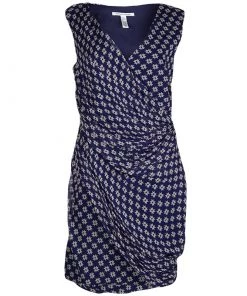 Diane Von Furstenberg Navy Blue Silk Star Print Ruched Francia Dress L For Women