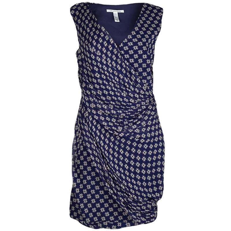 Diane Von Furstenberg Navy Blue Silk Star Print Ruched Francia Dress L For Women 1 Diane Von Furstenberg Navy Blue Silk Star Print Ruched Francia Dress L For Women