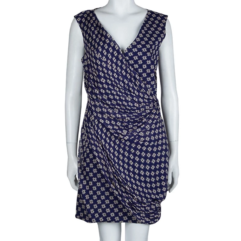 Diane Von Furstenberg Navy Blue Silk Star Print Ruched Francia Dress L For Women 2 Diane Von Furstenberg Navy Blue Silk Star Print Ruched Francia Dress L For Women - Image 2