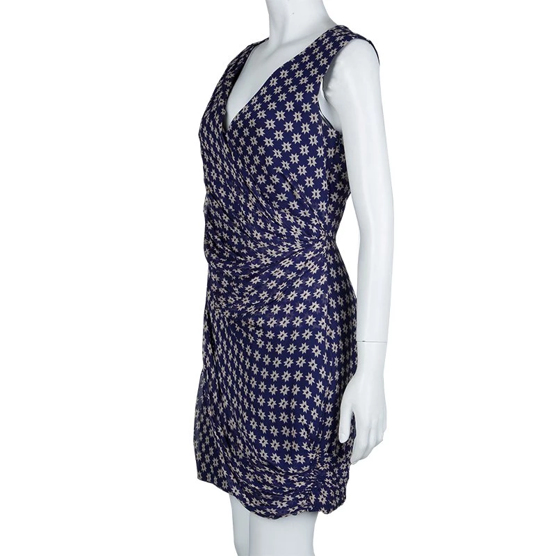 Diane Von Furstenberg Navy Blue Silk Star Print Ruched Francia Dress L For Women 4 Diane Von Furstenberg Navy Blue Silk Star Print Ruched Francia Dress L For Women - Image 4