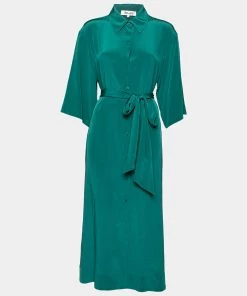 Diane Von Furstenberg Green Silk Side Slit Detailed Button Front Belted Dress M For Women