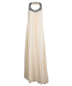 Diane Von Furstenberg Beige Silk Willemma Crystal Embellished Halter Gown M For Women