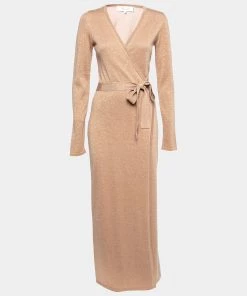 Diane Von Furstenberg Beige Lurex Knit Midi Wrap Dress S For Women