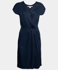 Diane Von Furstenberg Navy Blue Silk Pleated Dress S For Women