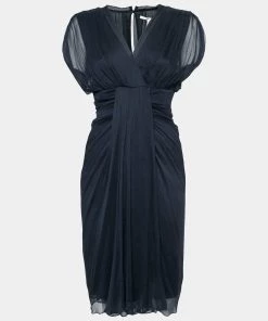Diane Von Furstenberg Navy Blue Silk Chiffon Draped Dress M For Women