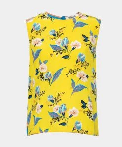 Diane Von Furstenberg Yellow & Blue Floral Printed Silk Sleeveless Top L For Women