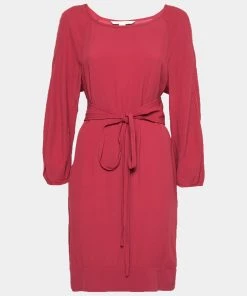 Diane Von Furstenberg Burgundy Crepe Long Sleeve Belted Dress L For Women