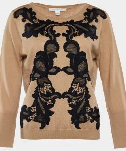 Diane Von Furstenberg Brown Wool Lace Detail Shara Sweater L For Women