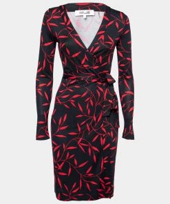 Diane Von Furstenberg Black & Red Printed Silk Knit Midi Wrap Dress S For Women