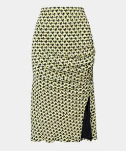 Diane Von Furstenberg Yellow And Black Printed Side Ruched Detail Skirt XL For Women
