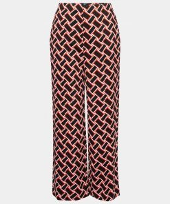 Diane Von Furstenberg Red & Black Printed Stretch Crepe Wide-Leg Trousers M Waist 28" For Women