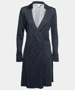 Diane Von Furstenberg Navy Blue Printed Silk Jersey Cybil Wrap Dress M For Women