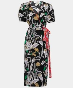 Diane Von Furstenberg Black Floral Print Crepe Wrap Blouse & Skirt Set L For Women