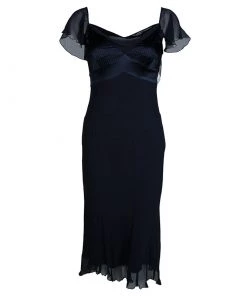 Diane Von Furstenberg Navy Blue Crinkled Silk Chiffon Pintuck Detail Mia Dress M For Women