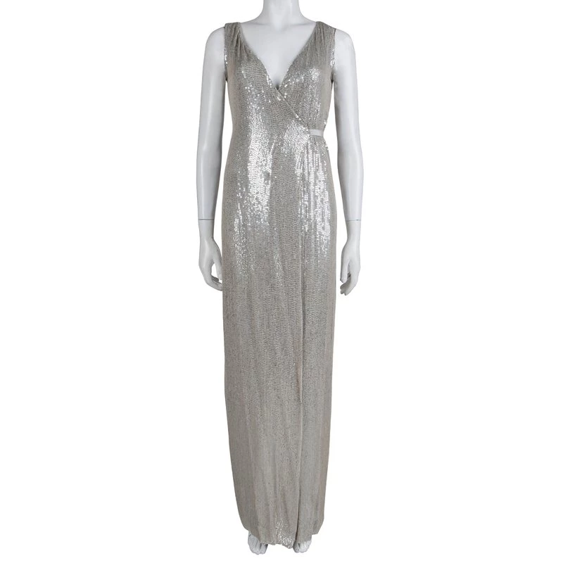 Diane Von Furstenberg Silver Sequin Embellished Sleeveless Yahzi Wrap Gown S For Women 2 Diane Von Furstenberg Silver Sequin Embellished Sleeveless Yahzi Wrap Gown S For Women - Image 2